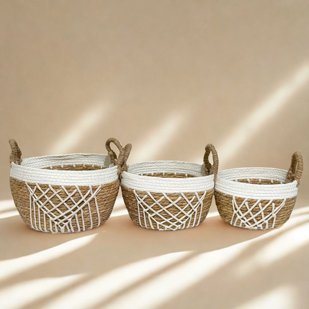 STRAW WITH HANDLES BASKET SET 3-PIECE