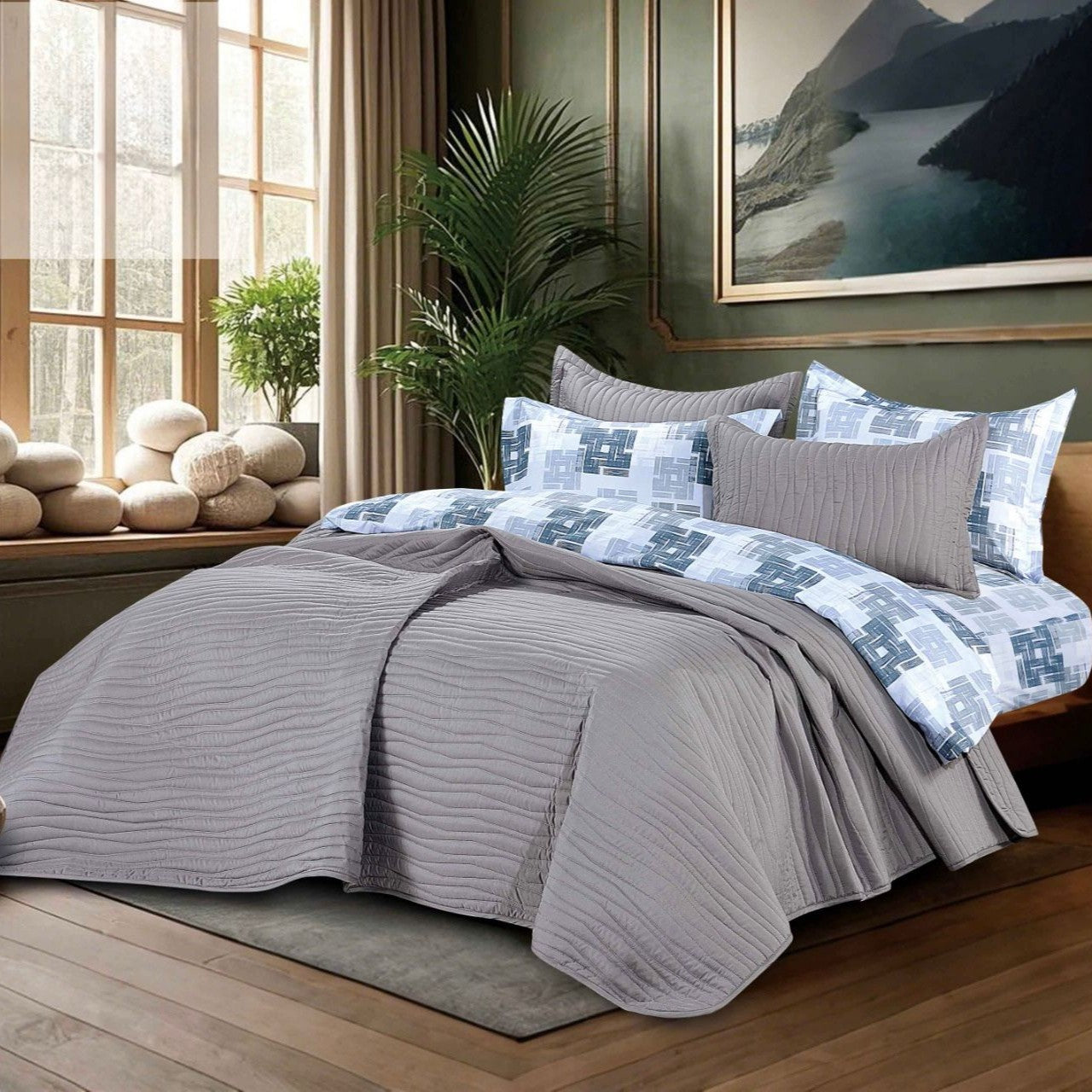SEANA MICROFIBER BEDSPREAD SET DARK GREY