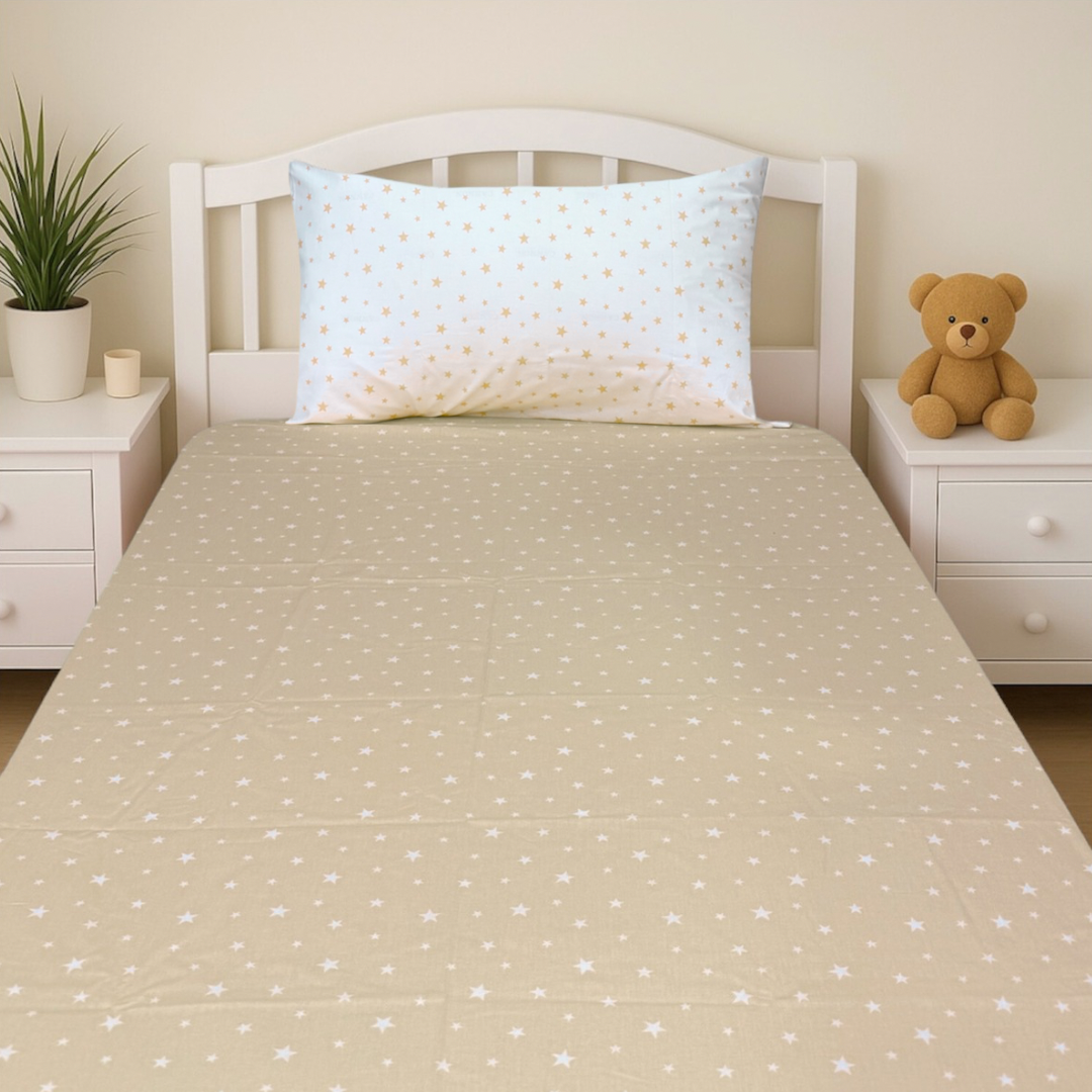 COMFYB 100% COTTON STARS FITTED SHEET + WHITE PILLOWCASE