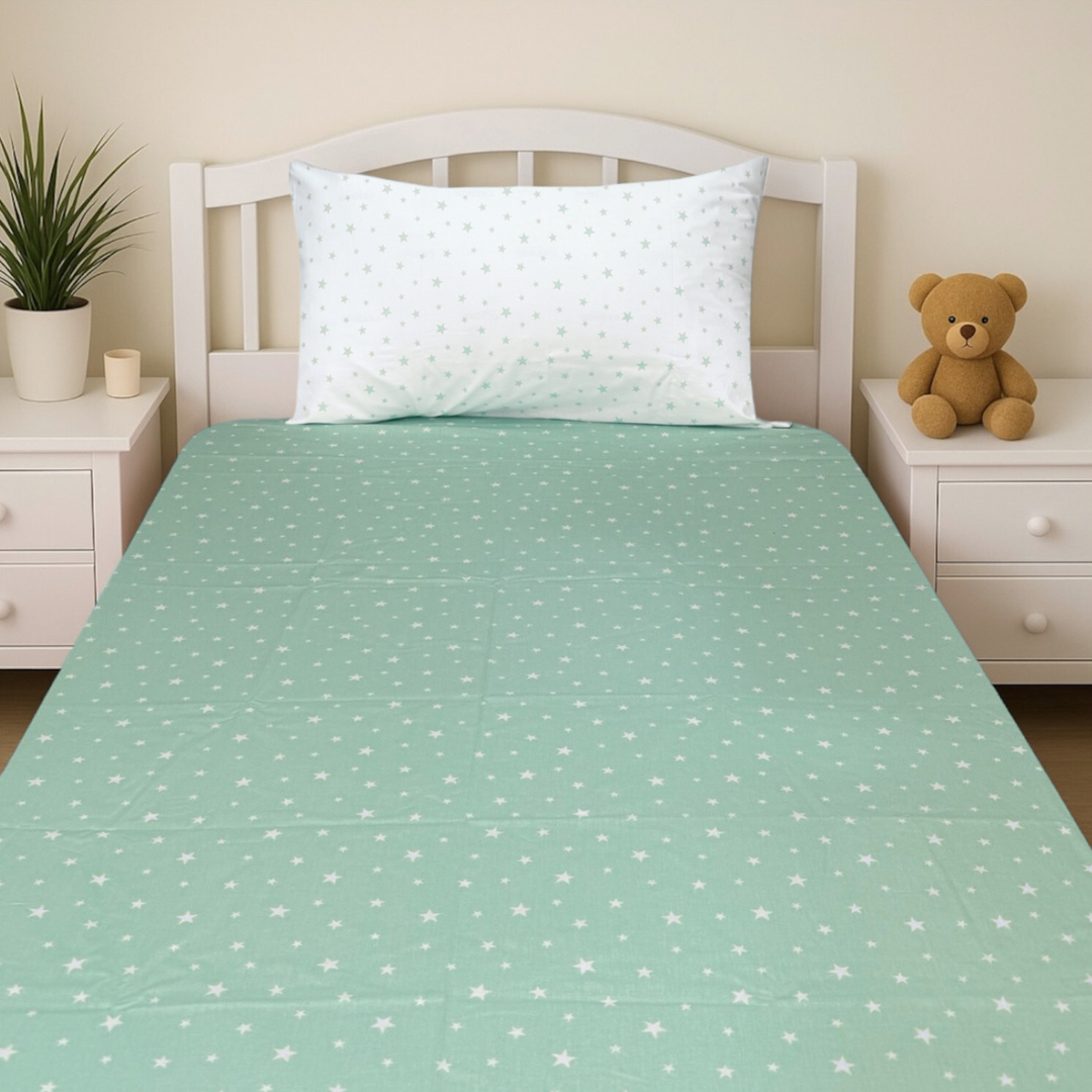 COMFYB 100% COTTON STARS FITTED SHEET + WHITE PILLOWCASE