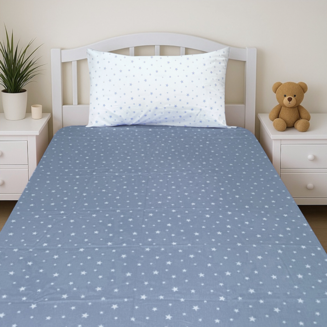 COMFYB 100% COTTON STARS FITTED SHEET + WHITE PILLOWCASE