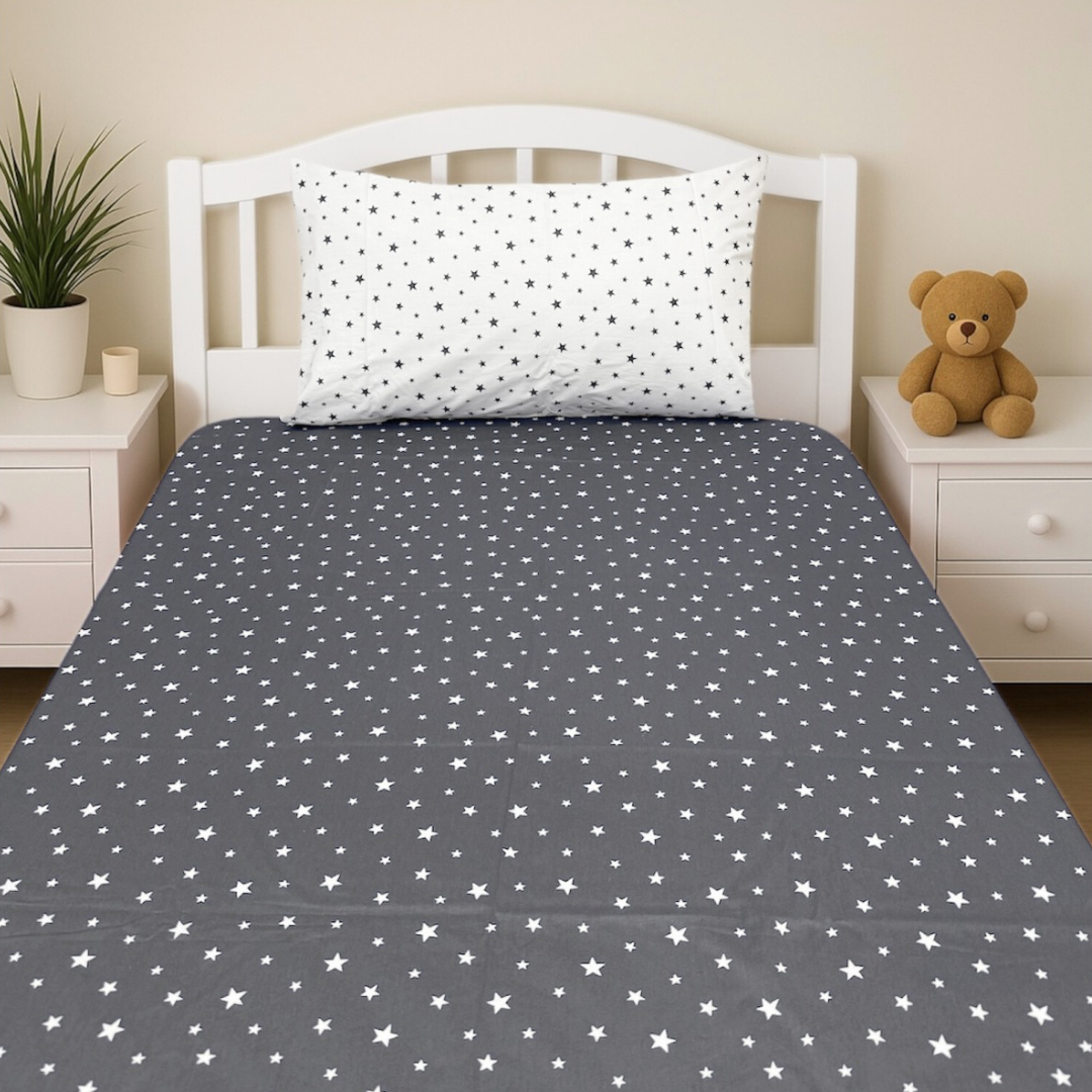 COMFYB 100% COTTON STARS FITTED SHEET + WHITE PILLOWCASE