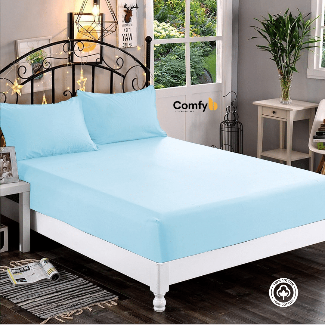 Experience the utmost comfort with our 100% Cotton Fitted Sheet Set, available in three sizes. The single size includes 1 fitted sheet measuring 120x200 cm and 1 pillowcase measuring 50x75 cm. The double size offers 1 fitted sheet measuring 180x200 cm and 2 pillowcases measuring 50x75 cm. The king size features 1 fitted sheet measuring 200x200 cm and 2 pillowcases measuring 50x75 cm. Elevate your bedding with the softness and quality of our Cotton Fitted Sheet Set.