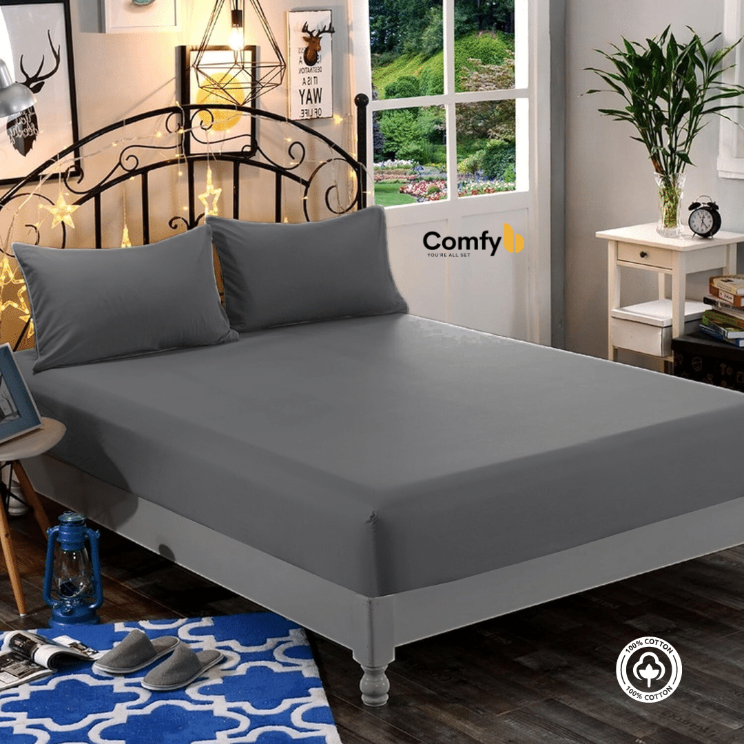 Experience the utmost comfort with our 100% Cotton Fitted Sheet Set, available in three sizes. The single size includes 1 fitted sheet measuring 120x200 cm and 1 pillowcase measuring 50x75 cm. The double size offers 1 fitted sheet measuring 180x200 cm and 2 pillowcases measuring 50x75 cm. The king size features 1 fitted sheet measuring 200x200 cm and 2 pillowcases measuring 50x75 cm. Elevate your bedding with the softness and quality of our Cotton Fitted Sheet Set.