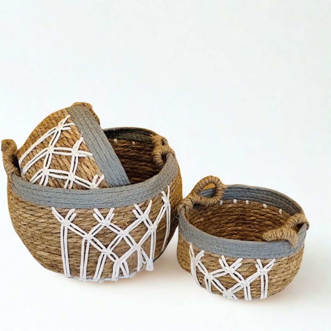 STRAW WITH HANDLES BASKET SET 3-PIECE