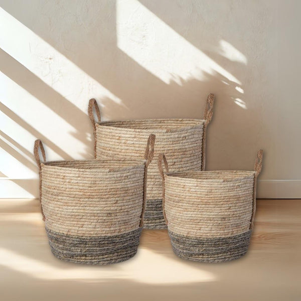 STRAW STORAGE BASKET SET WITH HANDLES BEIGE