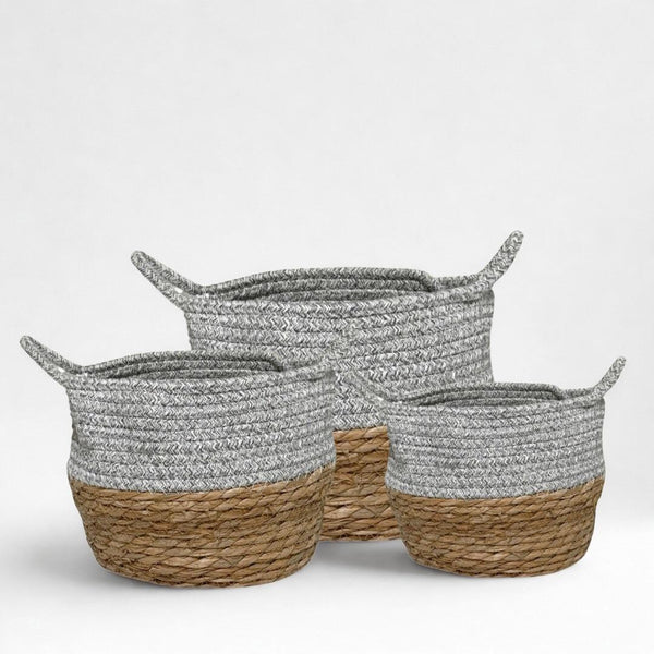 STRAW & GREY BASKET SET 3-PIECE