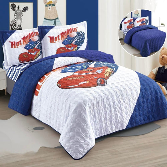 KIDS REVERSIBLE BEDSPREAD SET 4 PIECES CAR RACE