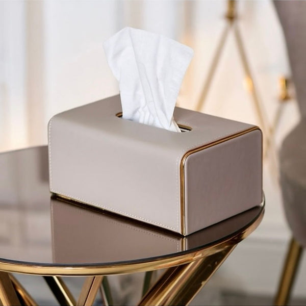 GL LEATHER WITH GOLD TISSUE BOX GREIGE