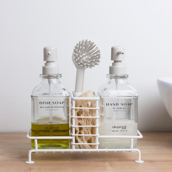 KITCHEN SOAP DISPENSER WITH ORGANIZER RACK SET 4 PIECES