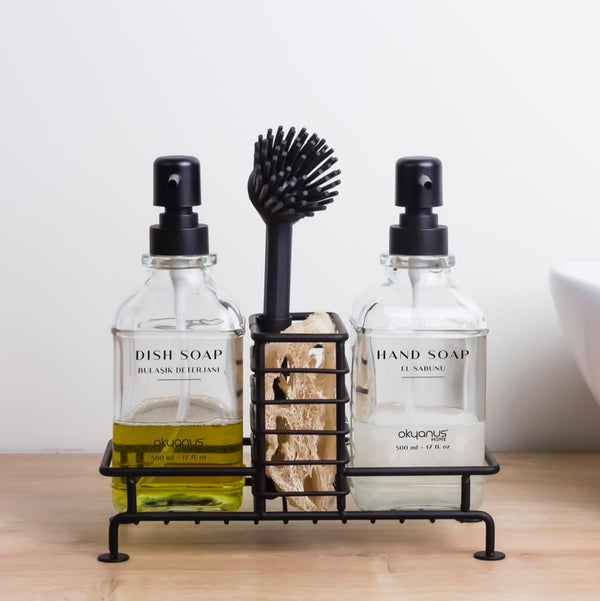 KITCHEN SOAP DISPENSER WITH ORGANIZER RACK SET 4 PIECES