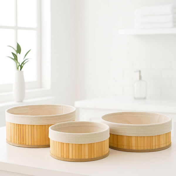 BAMBOO ROUND STORAGE BASKET SET 3 PIECE WITH FABRIC LINING