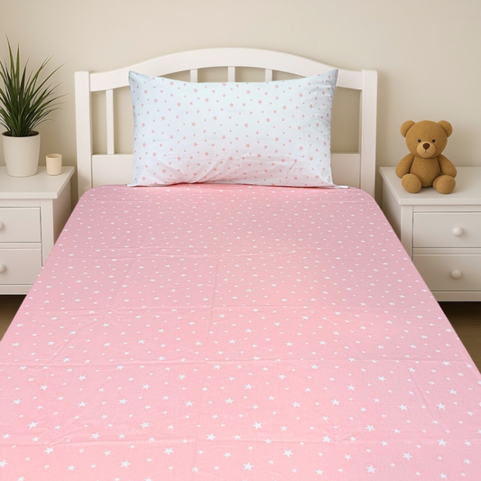 COMFYB 100% COTTON STARS FITTED SHEET + WHITE PILLOWCASE