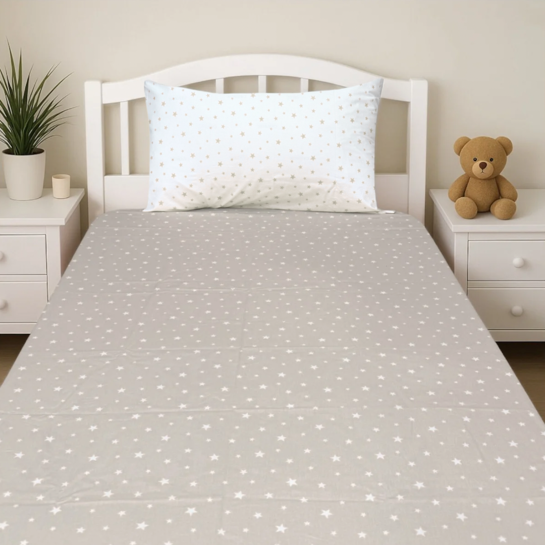 COMFYB 100% COTTON STARS FITTED SHEET + WHITE PILLOWCASE