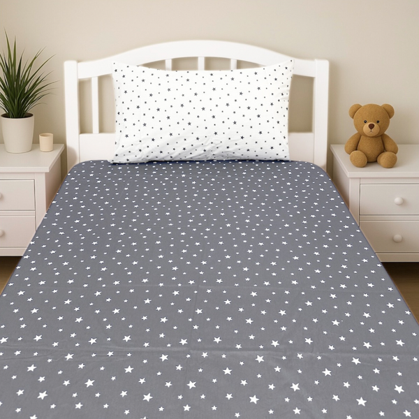 COMFYB 100% COTTON STARS FITTED SHEET + WHITE PILLOWCASE