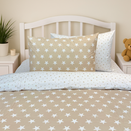 COMFYB 100% COTTON REVERSIBLE STAR BED SET 4 PIECES BEIGE