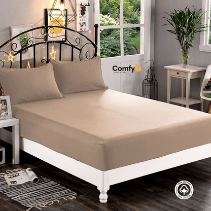 Experience the utmost comfort with our 100% Cotton Fitted Sheet Set, available in three sizes. The single size includes 1 fitted sheet measuring 120x200 cm and 1 pillowcase measuring 50x75 cm. The double size offers 1 fitted sheet measuring 180x200 cm and 2 pillowcases measuring 50x75 cm. The king size features 1 fitted sheet measuring 200x200 cm and 2 pillowcases measuring 50x75 cm. Elevate your bedding with the softness and quality of our Cotton Fitted Sheet Set.