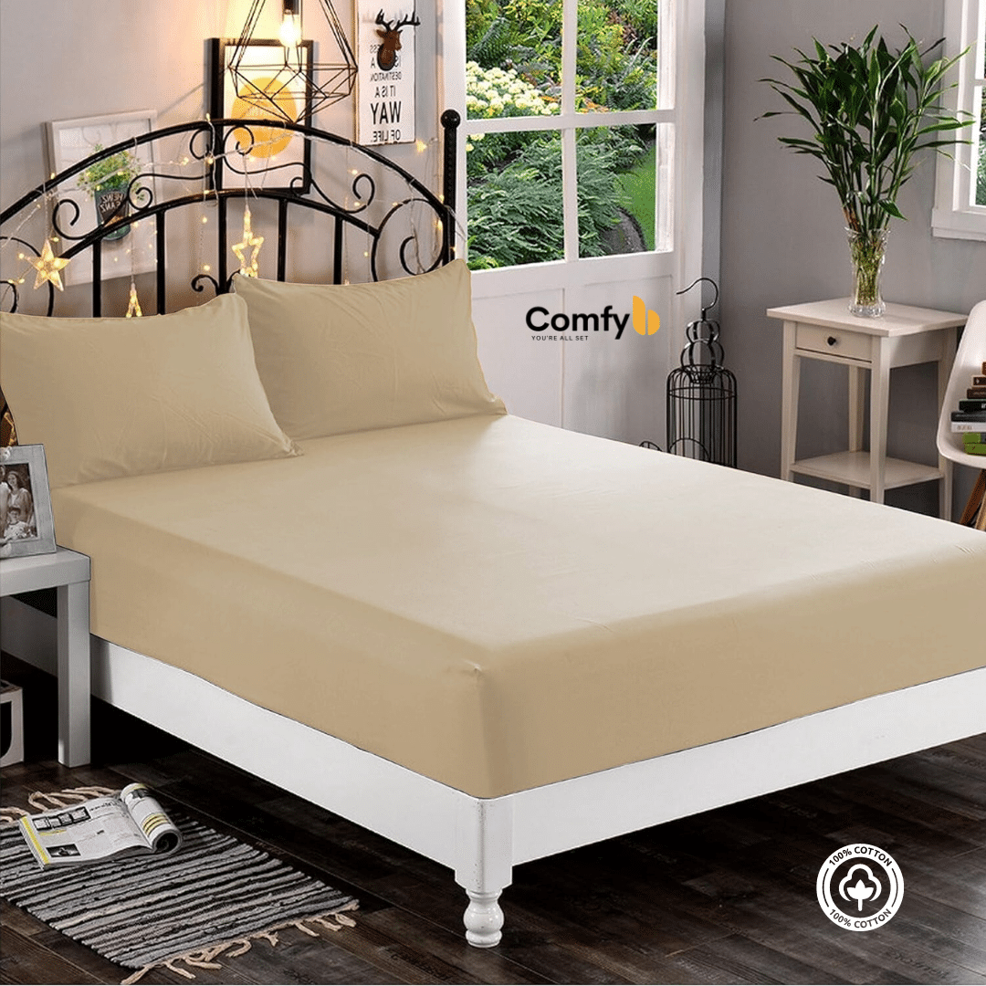 Experience the utmost comfort with our 100% Cotton Fitted Sheet Set, available in three sizes. The single size includes 1 fitted sheet measuring 120x200 cm and 1 pillowcase measuring 50x75 cm. The double size offers 1 fitted sheet measuring 180x200 cm and 2 pillowcases measuring 50x75 cm. The king size features 1 fitted sheet measuring 200x200 cm and 2 pillowcases measuring 50x75 cm. Elevate your bedding with the softness and quality of our Cotton Fitted Sheet Set.