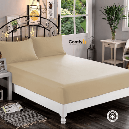 Experience the utmost comfort with our 100% Cotton Fitted Sheet Set, available in three sizes. The single size includes 1 fitted sheet measuring 120x200 cm and 1 pillowcase measuring 50x75 cm. The double size offers 1 fitted sheet measuring 180x200 cm and 2 pillowcases measuring 50x75 cm. The king size features 1 fitted sheet measuring 200x200 cm and 2 pillowcases measuring 50x75 cm. Elevate your bedding with the softness and quality of our Cotton Fitted Sheet Set.