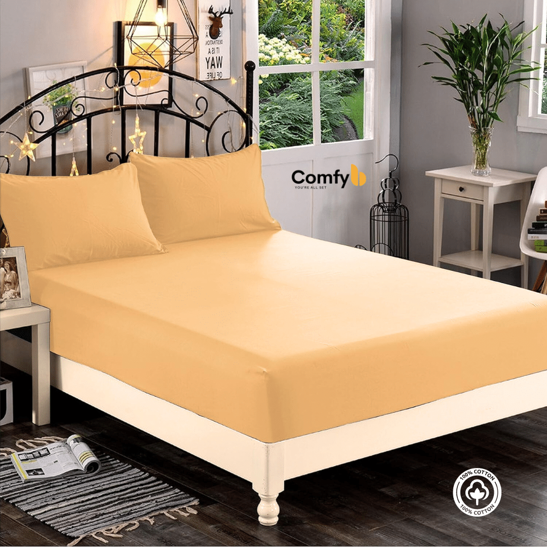 Experience the utmost comfort with our 100% Cotton Fitted Sheet Set, available in three sizes. The single size includes 1 fitted sheet measuring 120x200 cm and 1 pillowcase measuring 50x75 cm. The double size offers 1 fitted sheet measuring 180x200 cm and 2 pillowcases measuring 50x75 cm. The king size features 1 fitted sheet measuring 200x200 cm and 2 pillowcases measuring 50x75 cm. Elevate your bedding with the softness and quality of our Cotton Fitted Sheet Set.