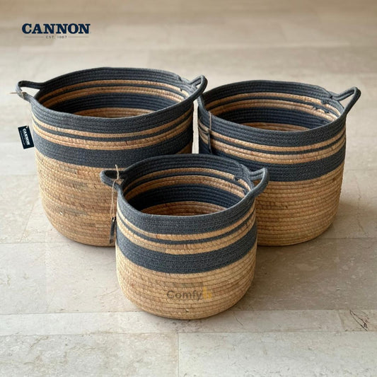 CANNON STRAW STORAGE BASKET 3-PIECE WITH HANDLES GREY