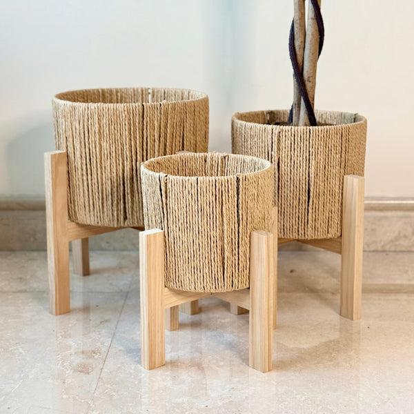 STRIPE STRAW BASKET POT BEIGE