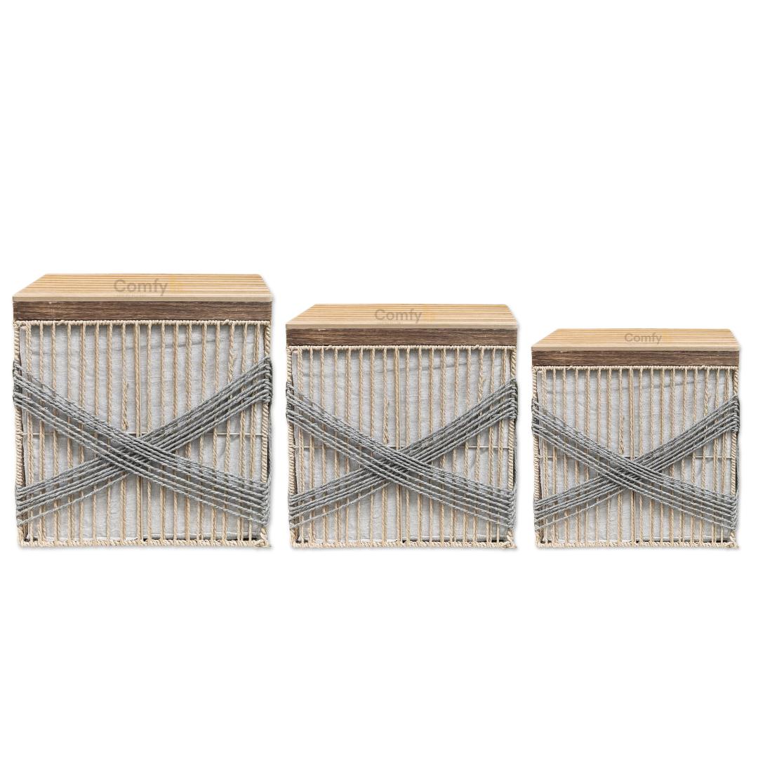 ACEN WOODEN LAUNDRY BASKET WITH LID 3-PIECE