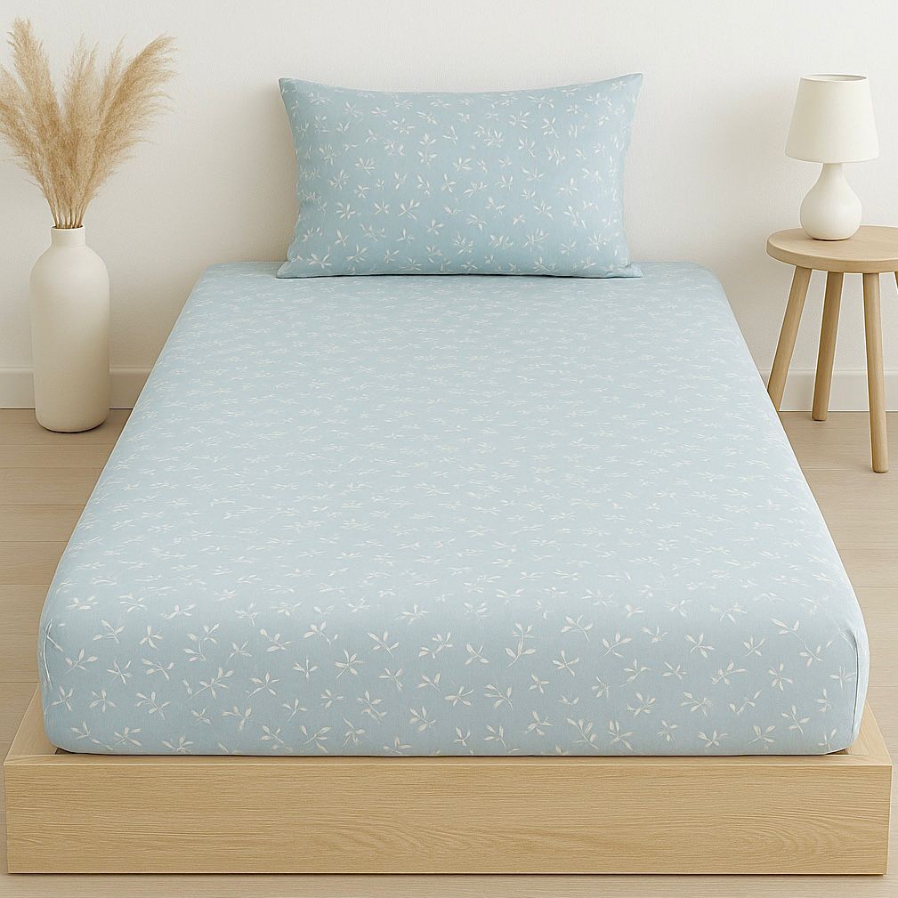 COMFYB 100% COTTON PRINTED FITTED SHEET SET LEAF