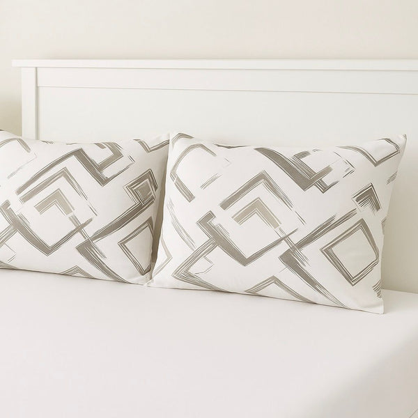 COMFYB 100% COTTON PILLOWCASES SET 2 PIECES GEO WHITE & BEIGE