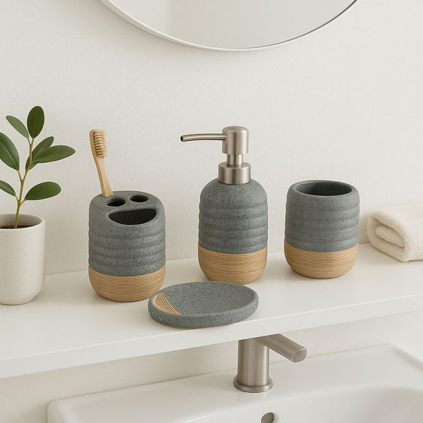 PORCELAIN BATHROOM SET 4 PIECES WITH WOOD BUTTOM