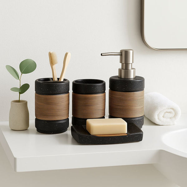 PORCELAIN BATHROOM SET 4 PIECES WITH WOOD MIDDLE