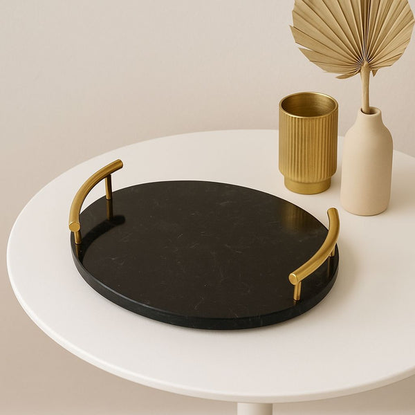 MARBLE TRAY WITH HANDLES BLACK & GOLD OVAL