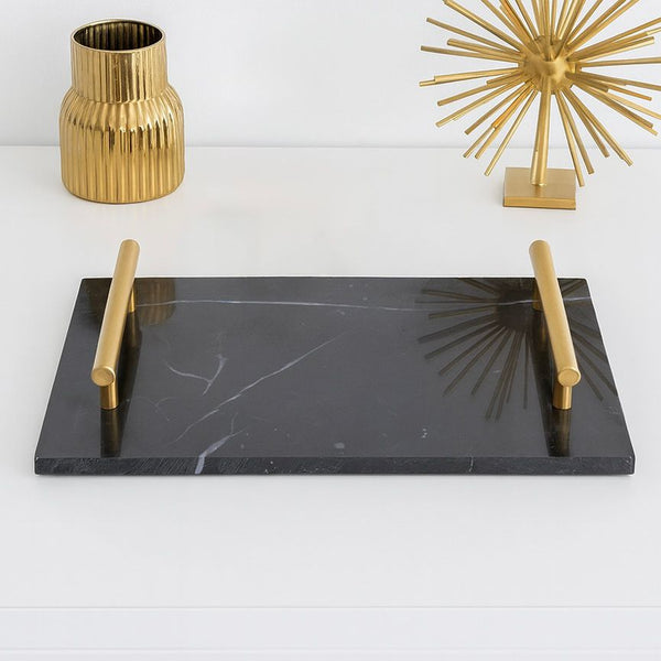 MARBLE TRAY WITH HANDLES BLACK & GOLD RECTANGLE