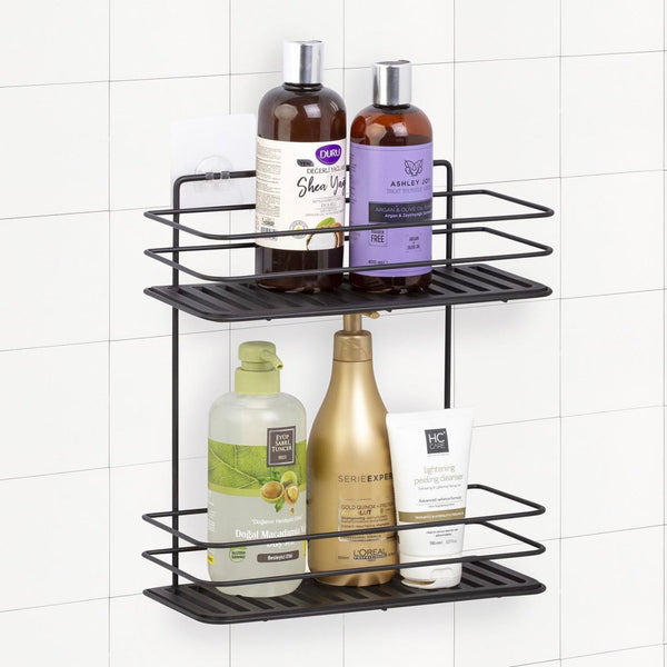 WALL MOUNTED BATHROOM SHELF ORGANIZER DOUBLE TIER BLACK