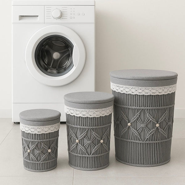 YG LAUNDRY BASKET ROUND WITH LID GREY