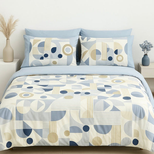 COMFYB 100% COTTON REVERSIBLE BED SET GEOMETRIC BLUE