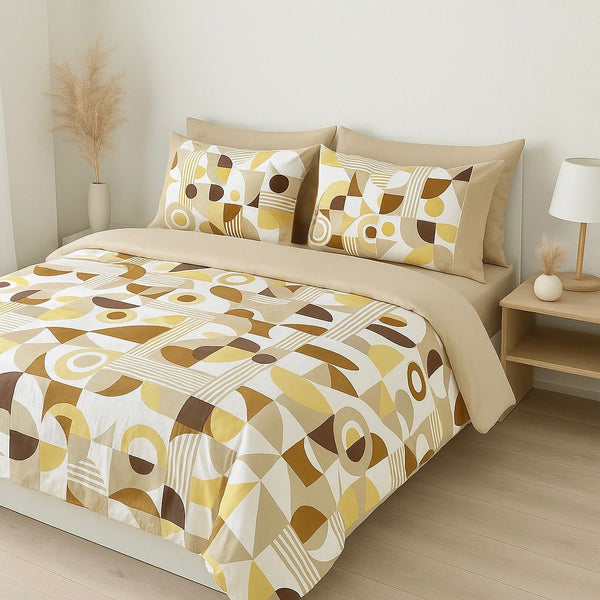COMFYB 100% COTTON REVERSIBLE BED SET GEOMETRIC BEIGE