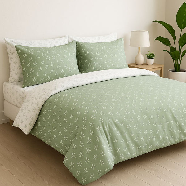 COMFYB 100% COTTON REVERSIBLE BED SET LEAF GREEN