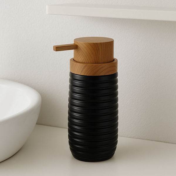 BLACK WOODEN STRIPED SOAP DISPENSER