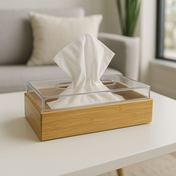 WOODEN TISSUE BOX SOLID BEIGE WITH PLEXI