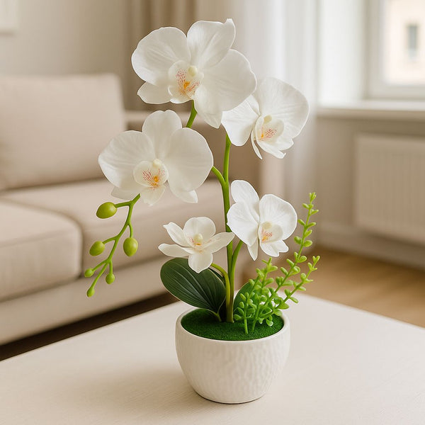 ORCHID WHITE POTTED GREEN ARTIFICIAL PLANT WHITE