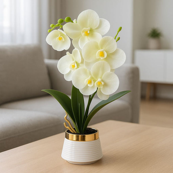 ORCHID GOLD POTTED ARTIFICIAL PLANT ROUND WHITE