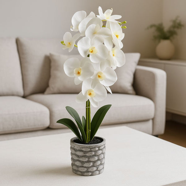 ORCHID POTTED ARTIFICIAL PLANT ROUND MARBLE