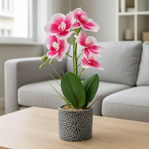 ORCHID GREY POTTED ARTIFICIAL PLANT ROUND WHITE & ROSE