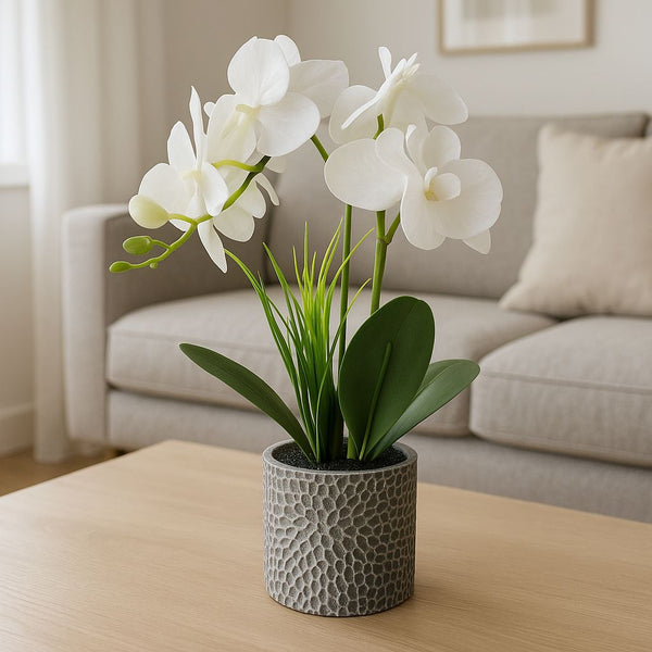 ORCHID GREY POTTED ARTIFICIAL PLANT ROUND WHITE