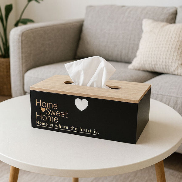 WOODEN TISSUE BOX HOME HEART BLACK