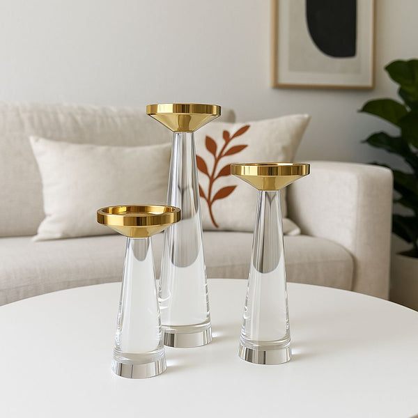 TRIO ELEGANCE CRYSTAL & GOLD CADLE HOLDERS SET 3 PIECES