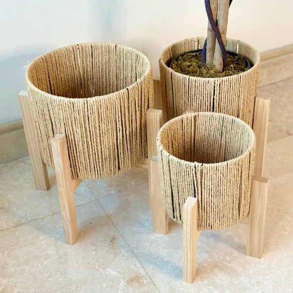 STRIPE STRAW BASKET POT BEIGE