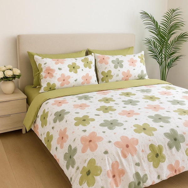COMFYB 100% COTTON REVERSIBLE BED SET AUTUMN FLOWER GREEN