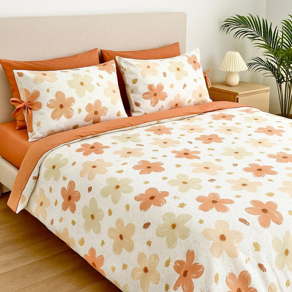COMFYB 100% COTTON REVERSIBLE BED SET AUTUMN FLOWER ORANGE